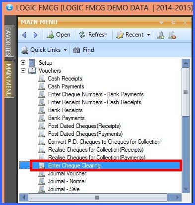 fmcg enter cheque clearing menu